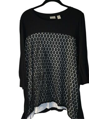 Chico's Black Patterned Layered Tunic with Cream Underlay